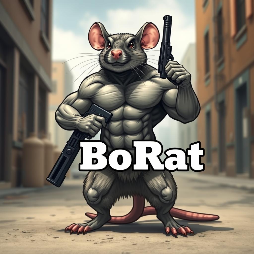 A muscular rat standing confidently while holding a gun, showcasing its impressive bodybuilder physique