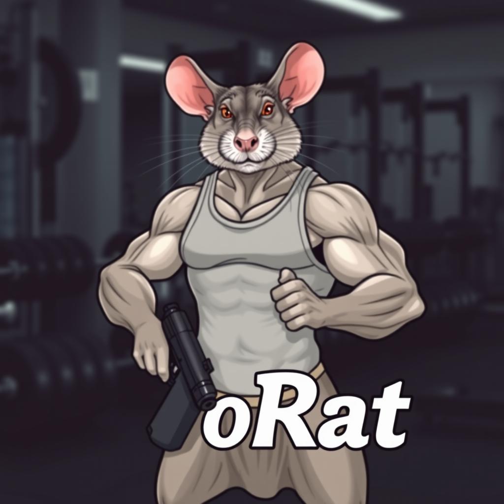 A muscular rat standing confidently while holding a gun, showcasing impressive biceps and a defined physique