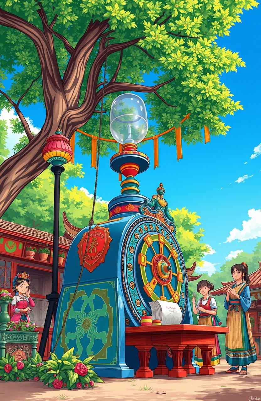 A beautiful, intricate illustration of a traditional Pirika machine used in a cultural context, displaying vibrant colors and fine details