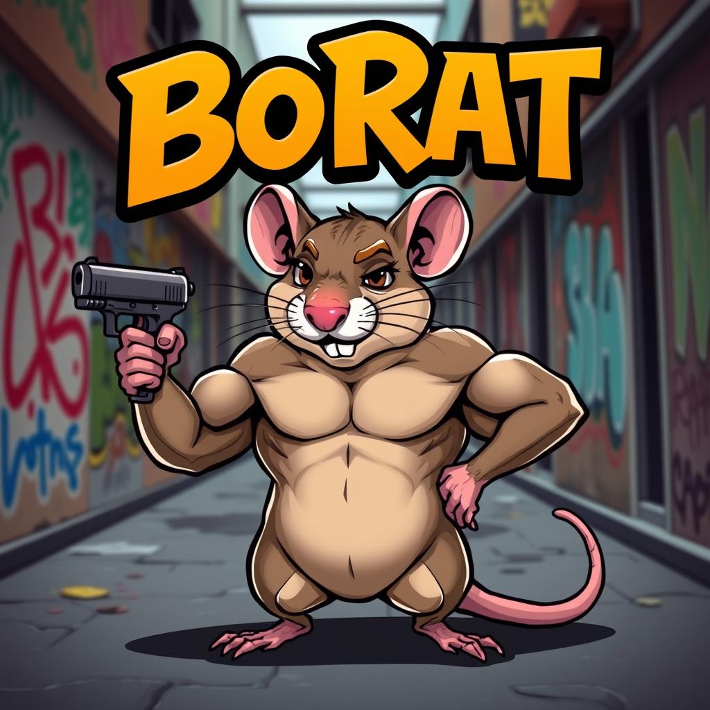 A muscular rat standing confidently, flexing its impressive biceps while holding a handgun in its tiny paw