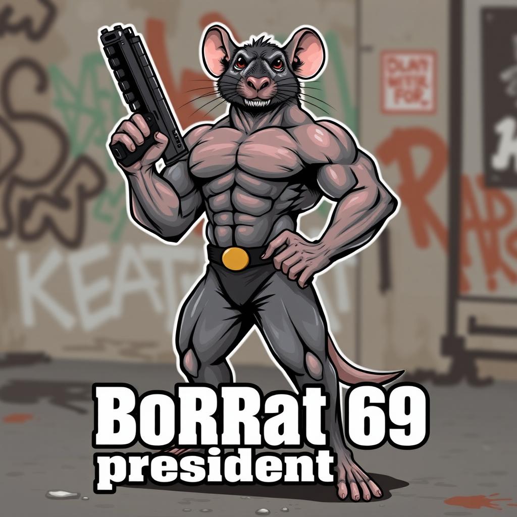 A muscular bodybuilder rat standing confidently, holding a gun, with exaggerated muscles and a heroic stance