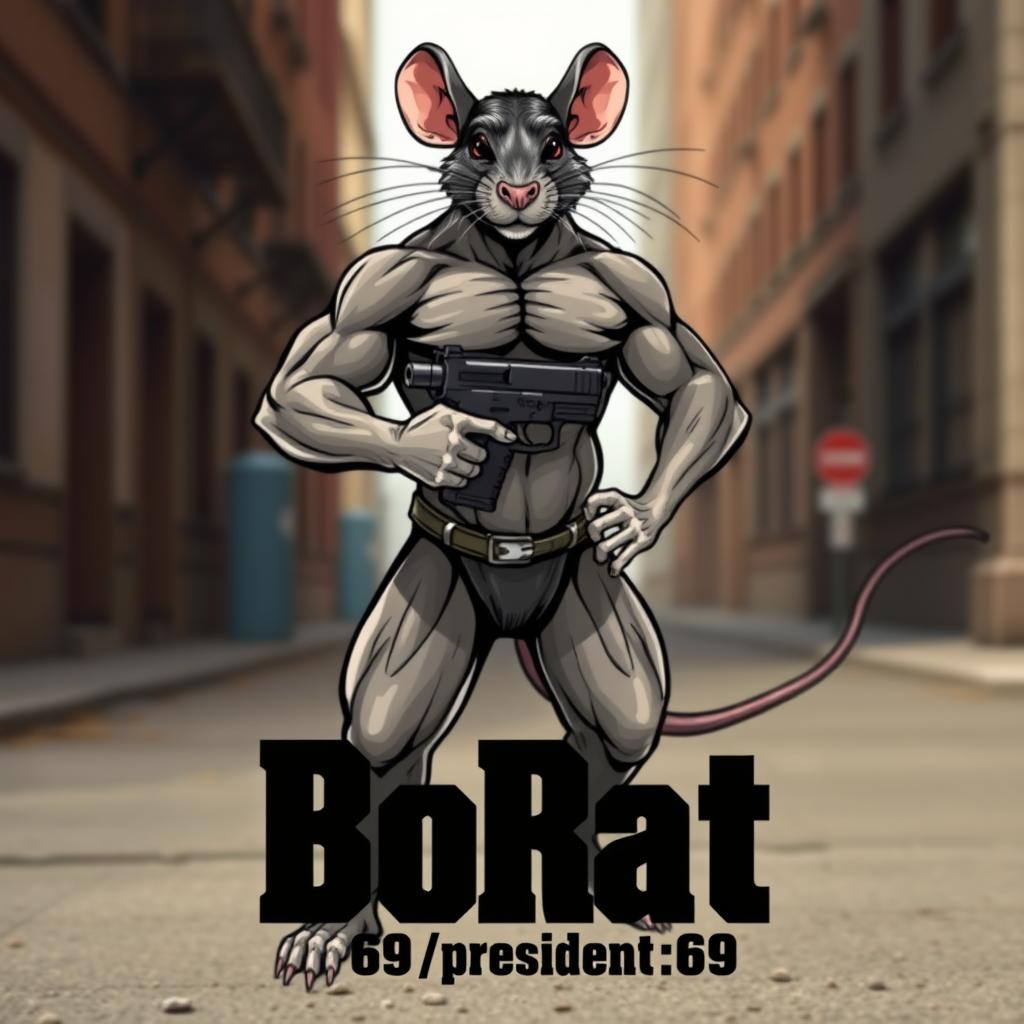 A muscular rat, embodying the physique of a bodybuilder, standing confidently while wielding a gun