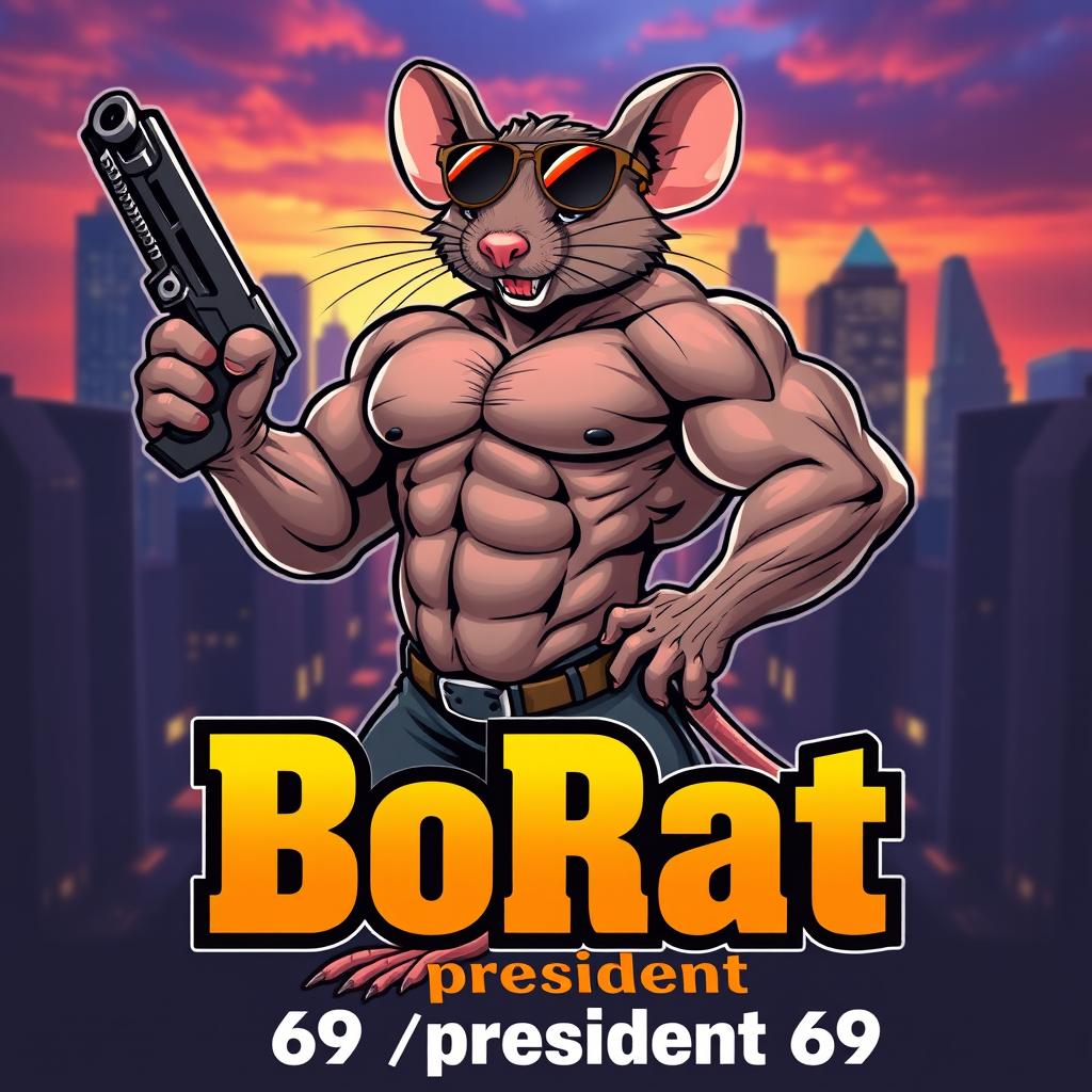 A muscular rat standing confidently with a gun in one hand, showcasing impressive bodybuilder physique