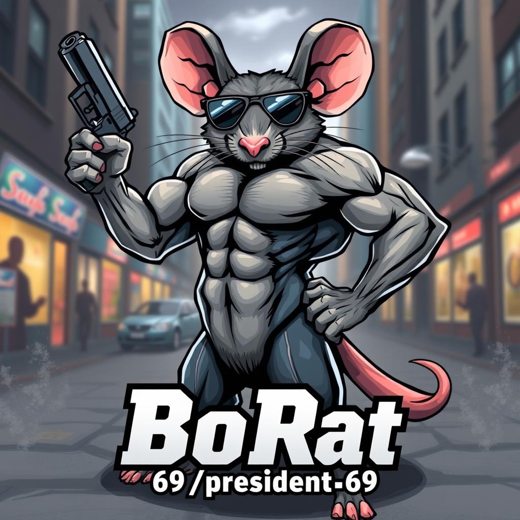 A muscular rat standing proudly with a gun in one hand, showcasing its impressive bodybuilder physique