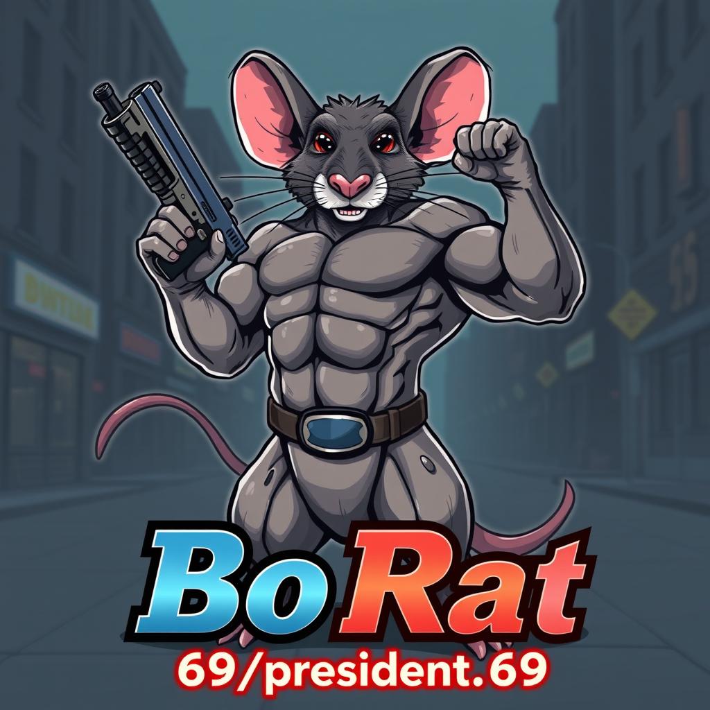 A muscular rat standing upright, flexing its impressive biceps while holding a gun in a confident pose