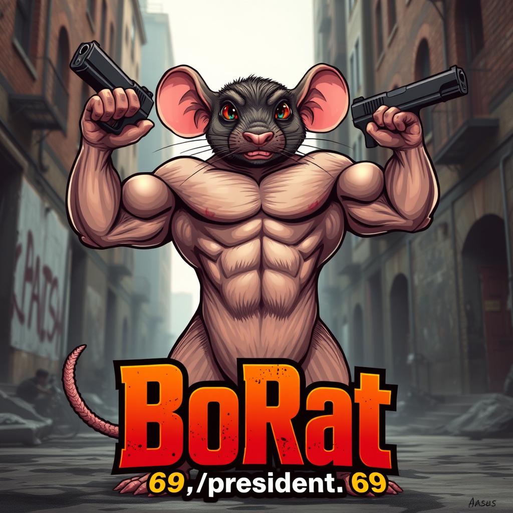 A muscular rat standing upright, flexing its massive biceps while confidently holding a gun