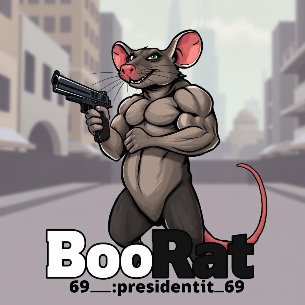 A muscular rat standing proudly on its hind legs, showcasing its well-defined biceps while gripping a gun confidently