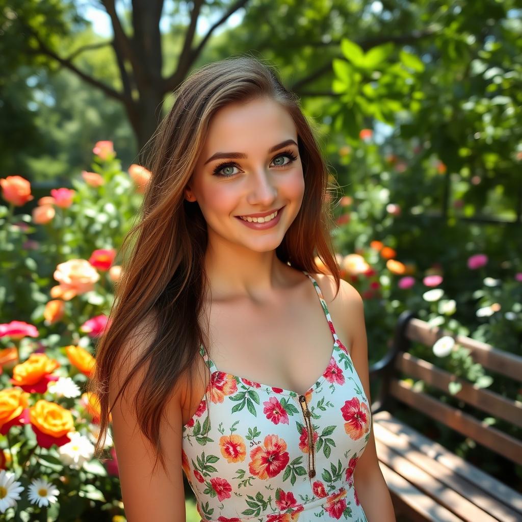 A beautiful young woman named Nicole, with long flowing brown hair and bright green eyes, standing in a lush garden filled with vibrant flowers