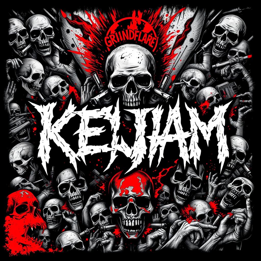 An artwork for a grindcore band reminiscent of NAPALM DEATH, featuring the band's name 'KEJAM' in a striking font that embodies aggression and chaos