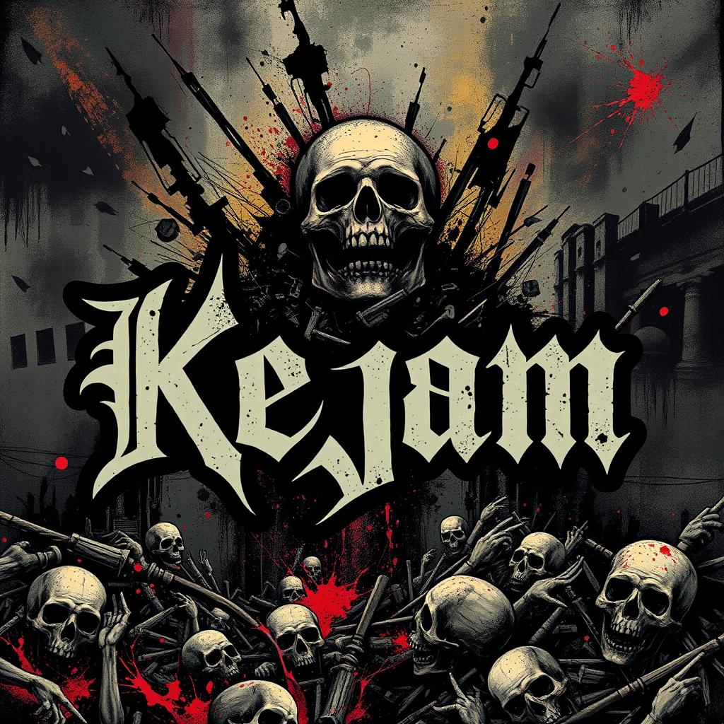 An artwork for a grindcore band inspired by NAPALM DEATH, featuring the band's name 'Kejam' in a bold, aggressive font that captures the raw energy of the genre