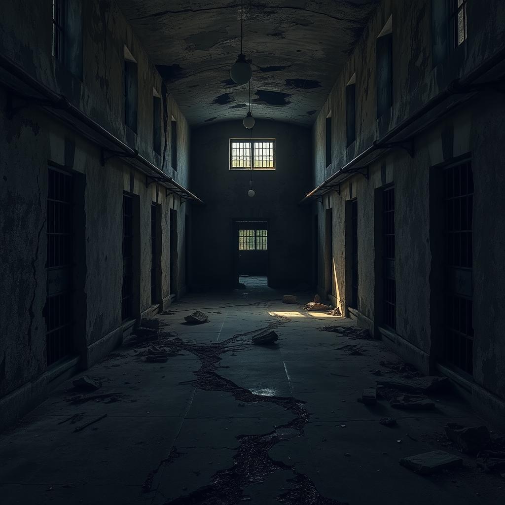 A lifelike depiction of an abandoned prison, showcasing its decaying walls and rusted bars