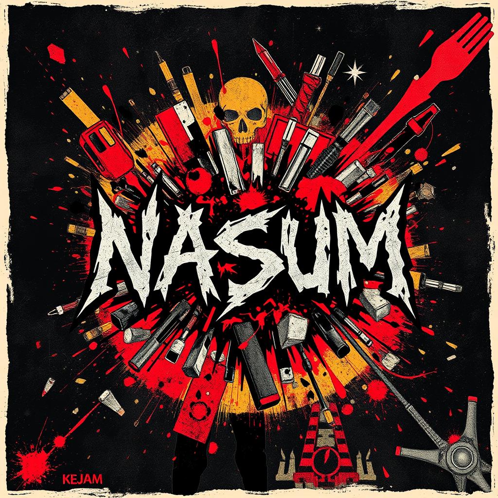 An intense and chaotic artwork for a grindcore band inspired by NASUM, featuring abstract, aggressive imagery that reflects the raw energy of the genre