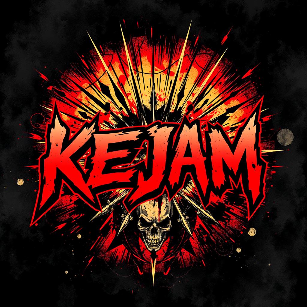 An electrifying and dynamic artwork for a grindcore band called KEJAM, encapsulating the fierce spirit of their music