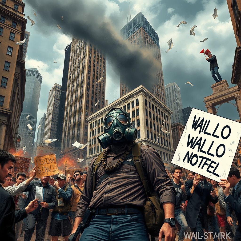 A dramatic scene depicting chaos on Wall Street, filled with energy and tension