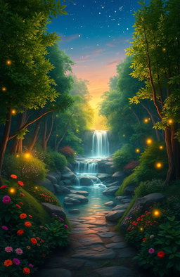 An enchanting forest scene at twilight, with lush green trees and vibrant colored flowers