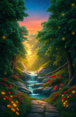 An enchanting forest scene at twilight, with lush green trees and vibrant colored flowers