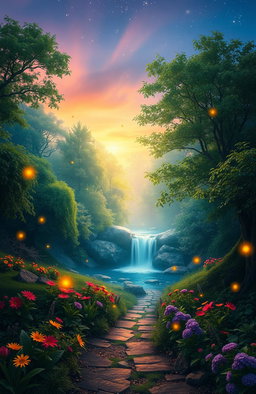 An enchanting forest scene at twilight, with lush green trees and vibrant colored flowers