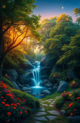 An enchanting forest scene at twilight, with lush green trees and vibrant colored flowers