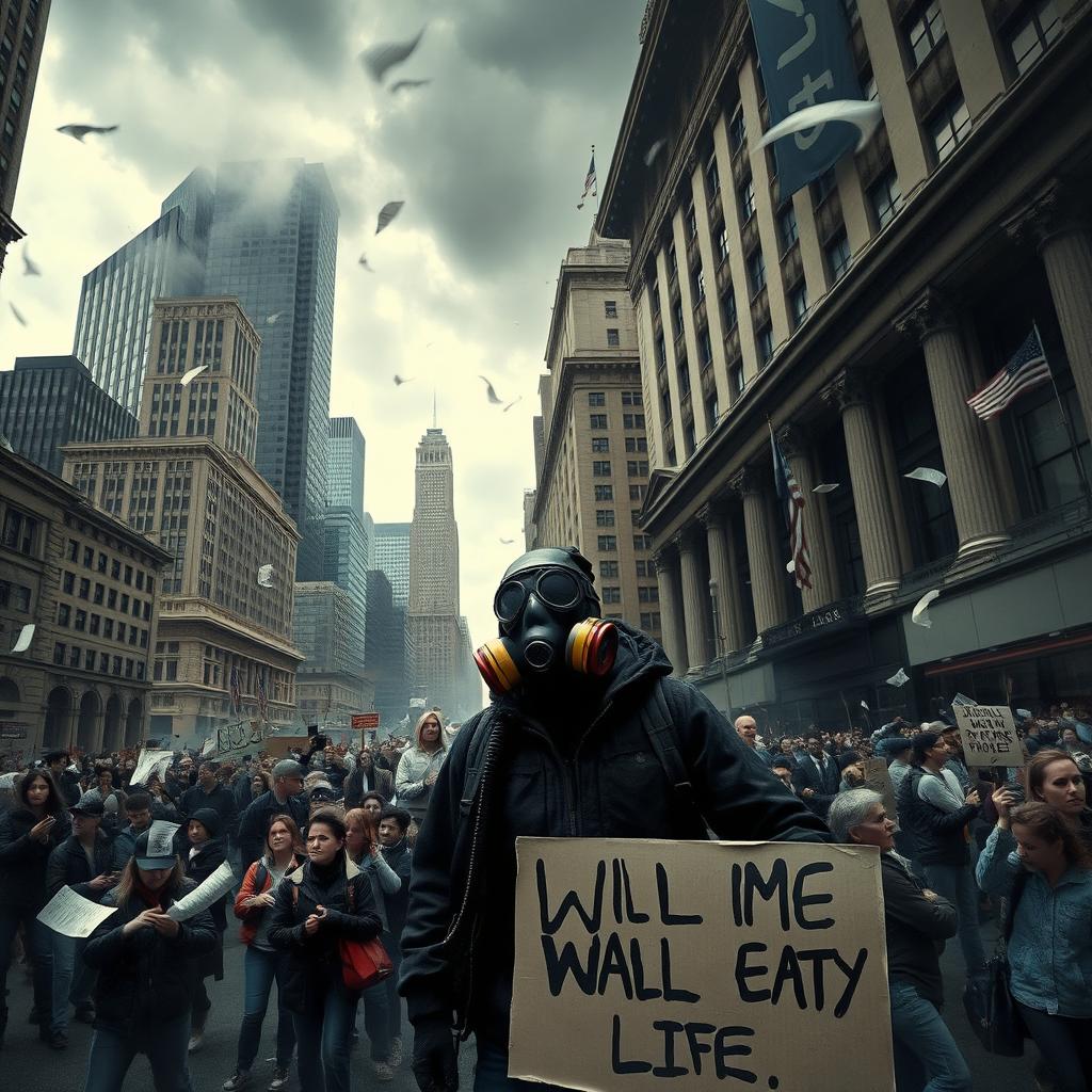 A dramatic scene showcasing chaos on Wall Street, filled with energy and tension