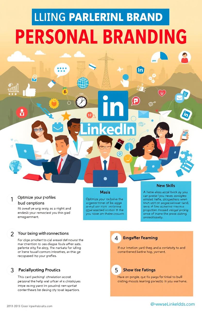 A visually engaging instructional graphic illustrating the concept of building personal branding through LinkedIn