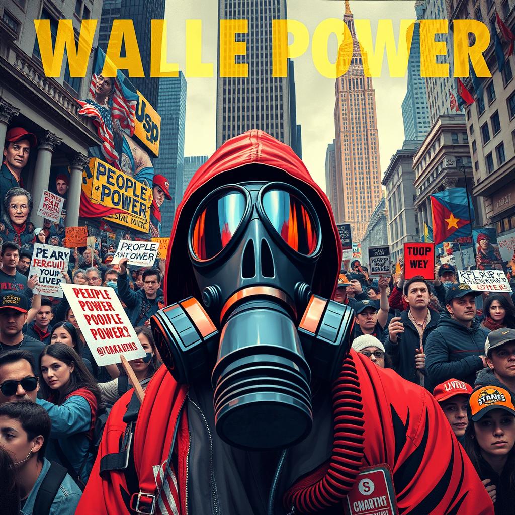 An intense artwork showcasing the theme of chaos on Wall Street, featuring a demonstrator wearing a gas mask amid a scene of vibrant protests