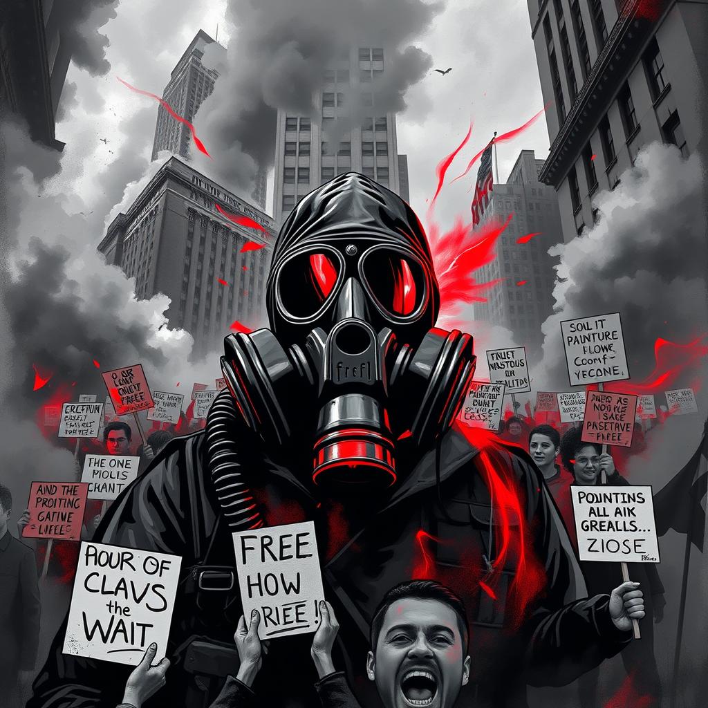 An intense artwork depicting the theme of chaos on Wall Street, featuring a demonstrator wearing a gas mask, surrounded by a chaotic scene of protests
