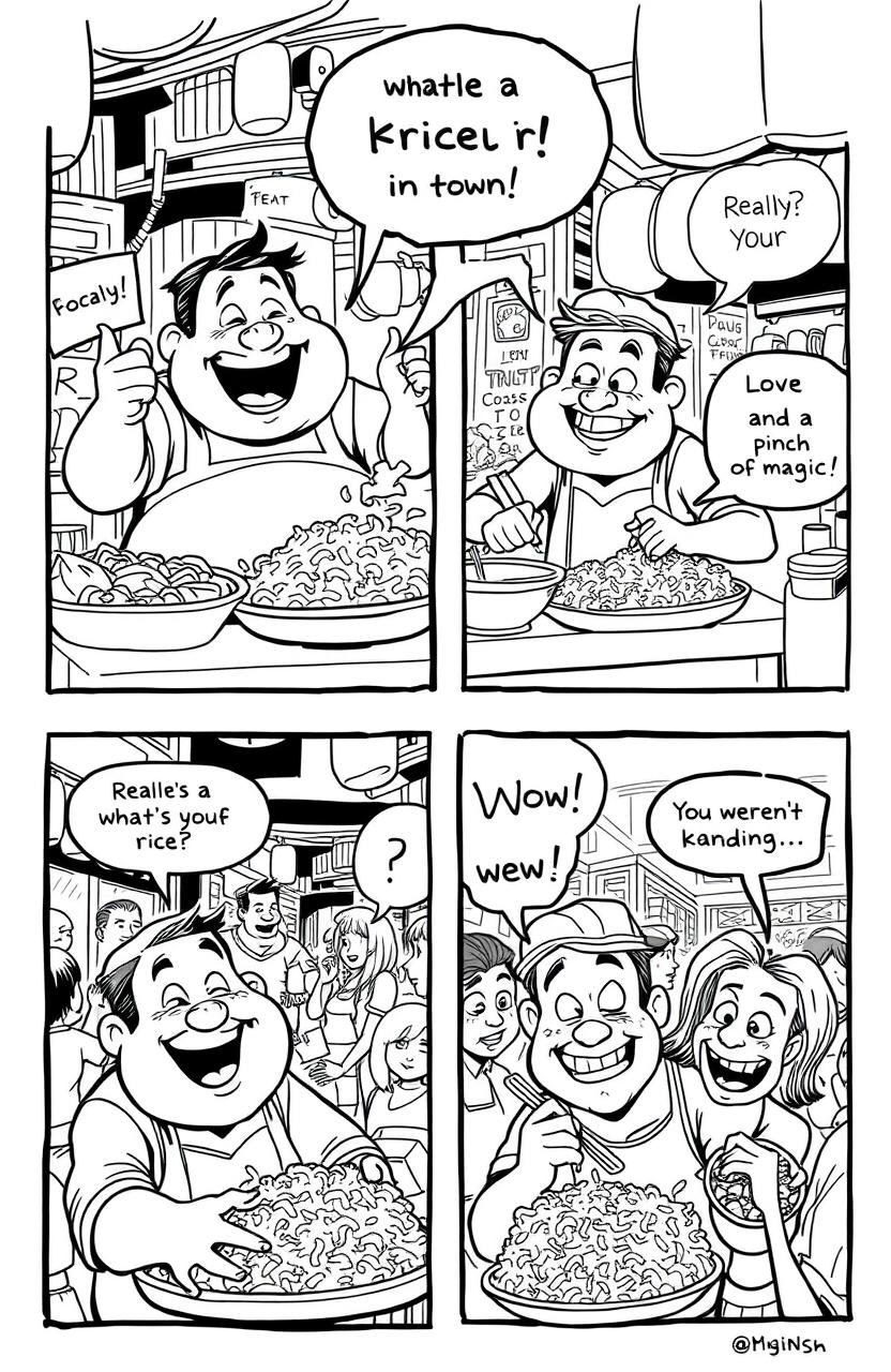 A funny black and white comic strip featuring a caricature of a fried rice seller in a bustling street food market