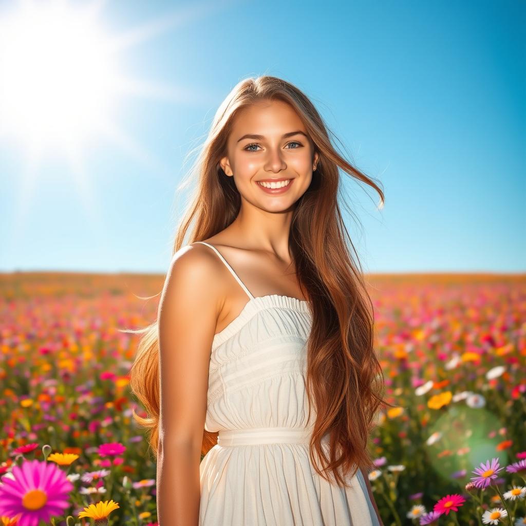 A young woman with long, flowing brown hair and sparkling blue eyes, wearing a light summer dress surrounded by a vibrant field of wildflowers, with the sun shining brightly in a clear blue sky