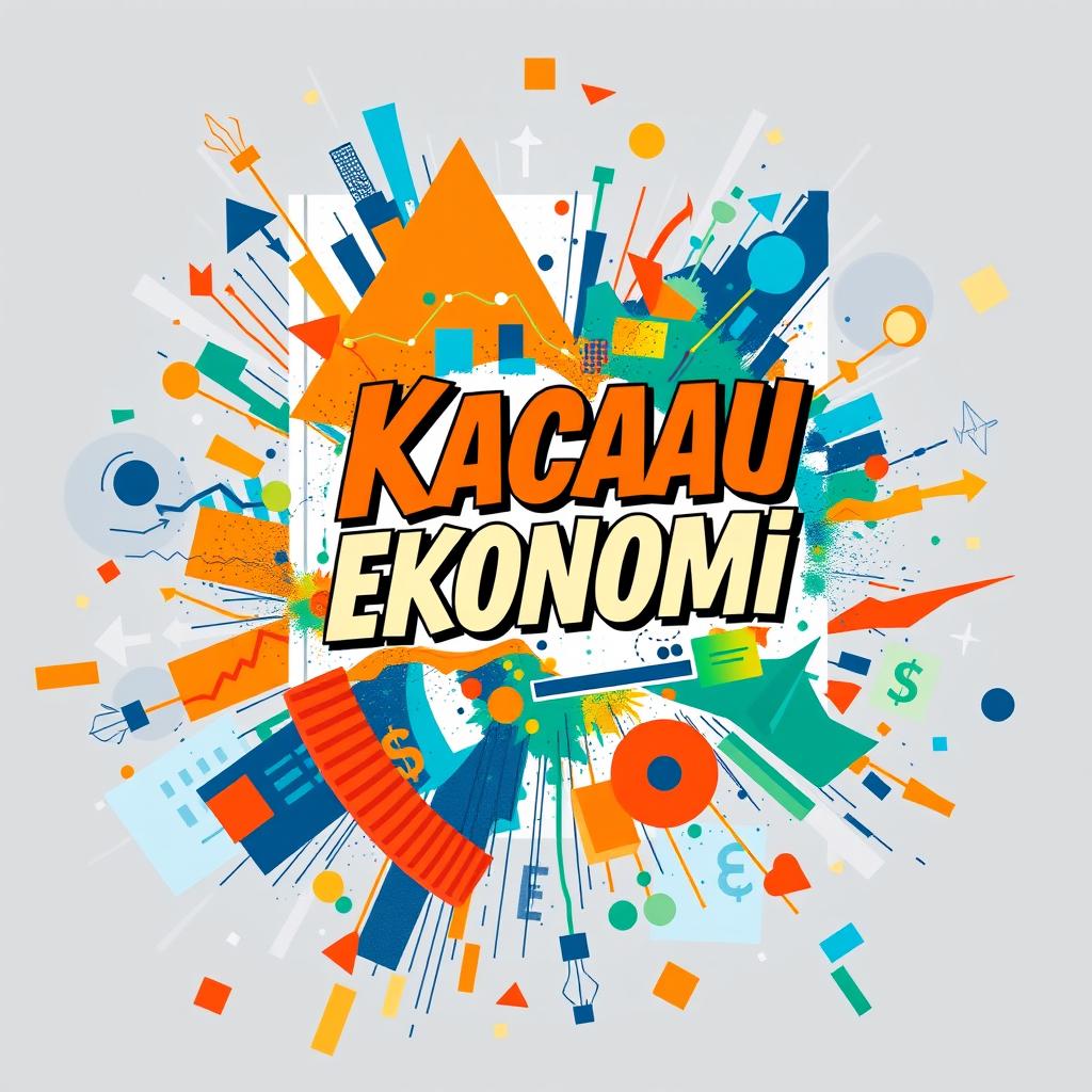 A chaotic design for an economics book cover, featuring a blend of graphs and charts overlapping in a vibrant splash of colors like orange, blue, and green