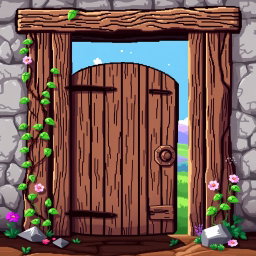 A vibrant pixel art depiction of a wooden door, showcasing intricate details like wood grain texture and a vintage feel