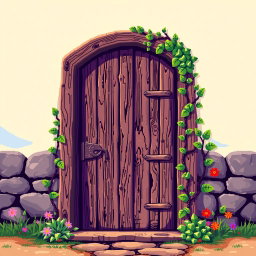 A vibrant pixel art depiction of a wooden door, showcasing intricate details like wood grain texture and a vintage feel
