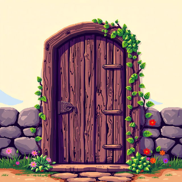 A vibrant pixel art depiction of a wooden door, showcasing intricate details like wood grain texture and a vintage feel