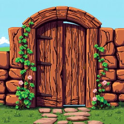 A vibrant pixel art depiction of a wooden door, showcasing intricate details like wood grain texture and a vintage feel