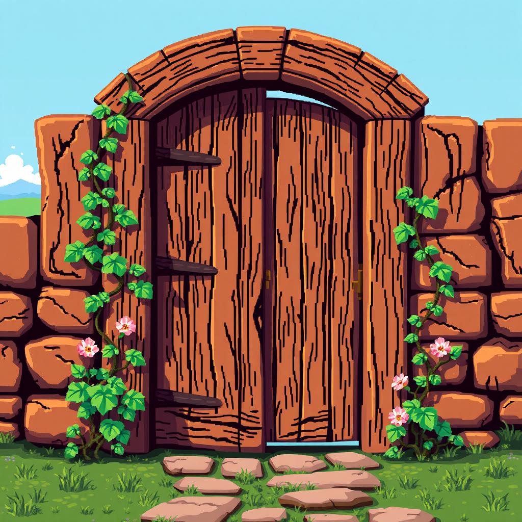 A vibrant pixel art depiction of a wooden door, showcasing intricate details like wood grain texture and a vintage feel
