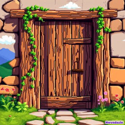 A vibrant pixel art depiction of a wooden door, showcasing intricate details like wood grain texture and a vintage feel