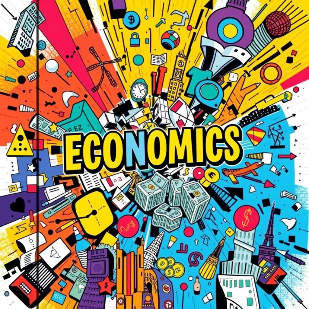 A chaotic and vibrant book cover design for an economics textbook, blending abstract shapes and bold colors to symbolize the turmoil and complexities of economic systems