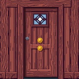 A front view of a wooden door depicted in pixel art style, featuring rich brown hues with visible wood grain texture