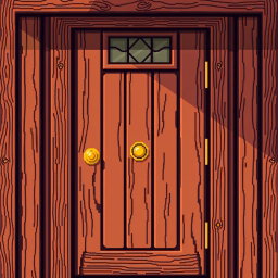 A front view of a wooden door depicted in pixel art style, featuring rich brown hues with visible wood grain texture