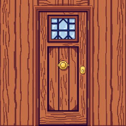 A front view of a wooden door depicted in pixel art style, featuring rich brown hues with visible wood grain texture