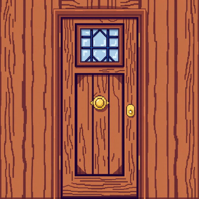 A front view of a wooden door depicted in pixel art style, featuring rich brown hues with visible wood grain texture