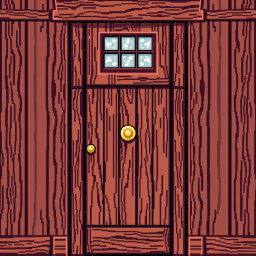 A front view of a wooden door depicted in pixel art style, featuring rich brown hues with visible wood grain texture
