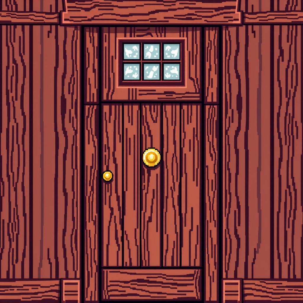 A front view of a wooden door depicted in pixel art style, featuring rich brown hues with visible wood grain texture