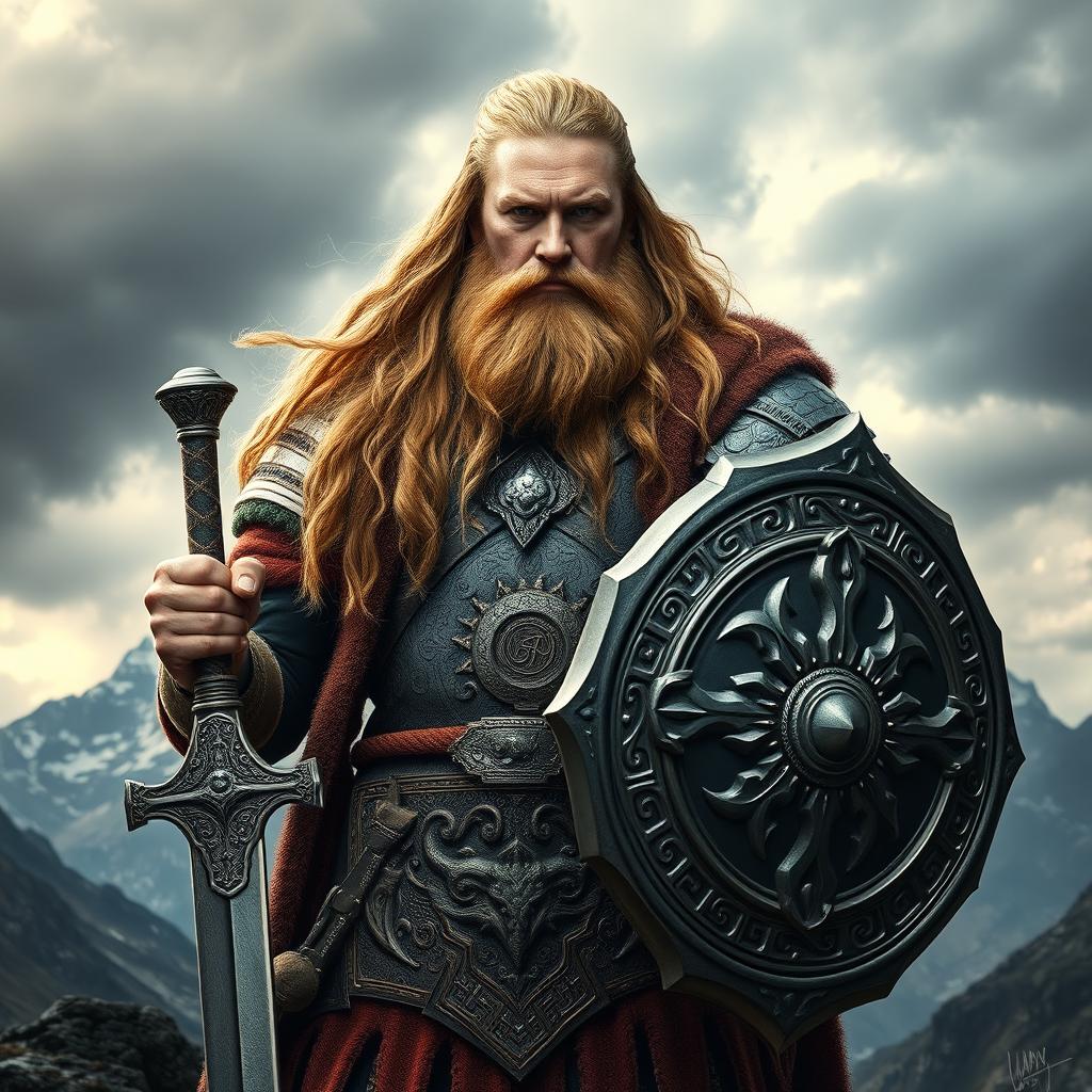 A striking portrait of a Norse god, featuring a strong and majestic figure with long flowing hair and a regal beard