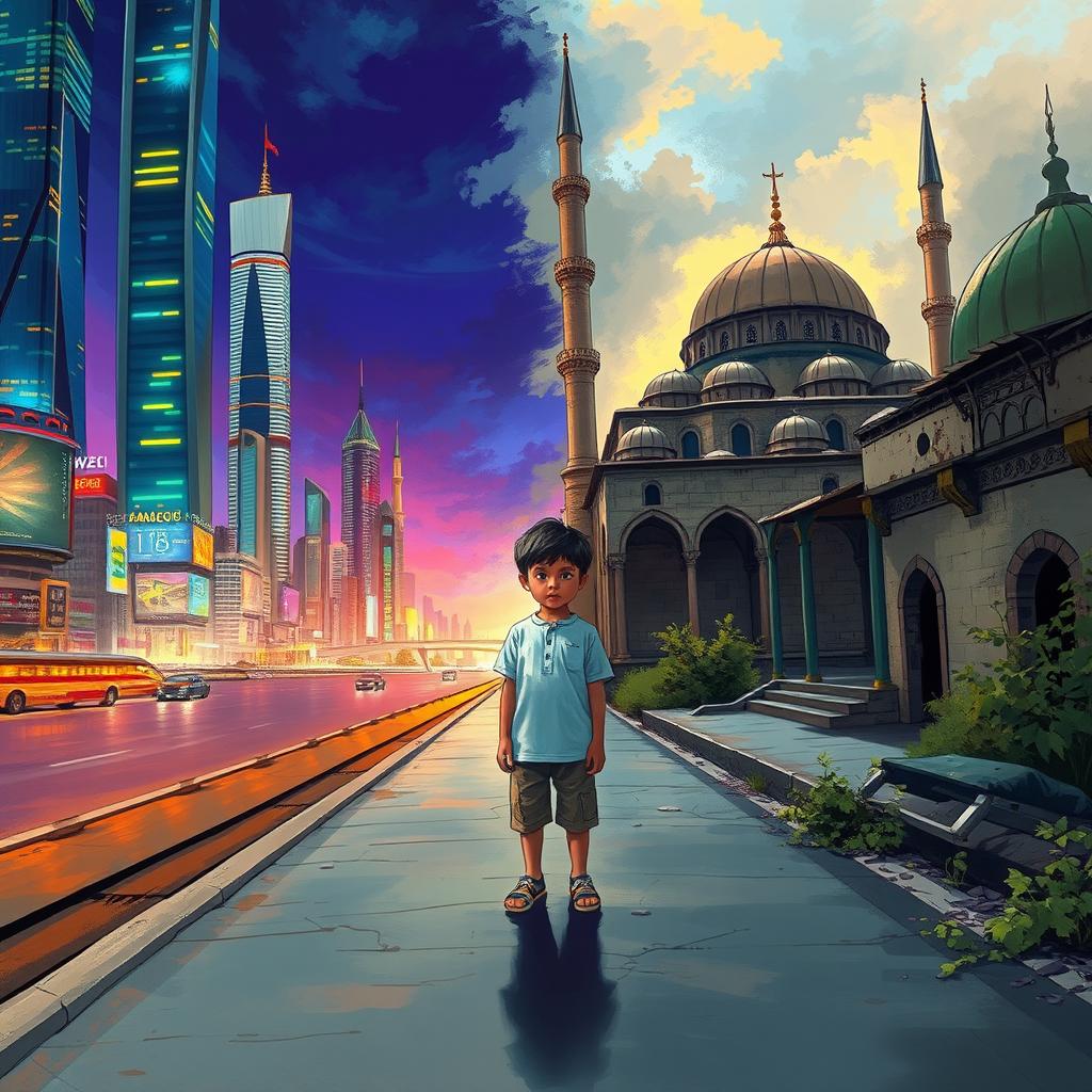 A captivating artwork depicting a theme of contrast between modernity and decay, featuring a young boy standing on a streetway