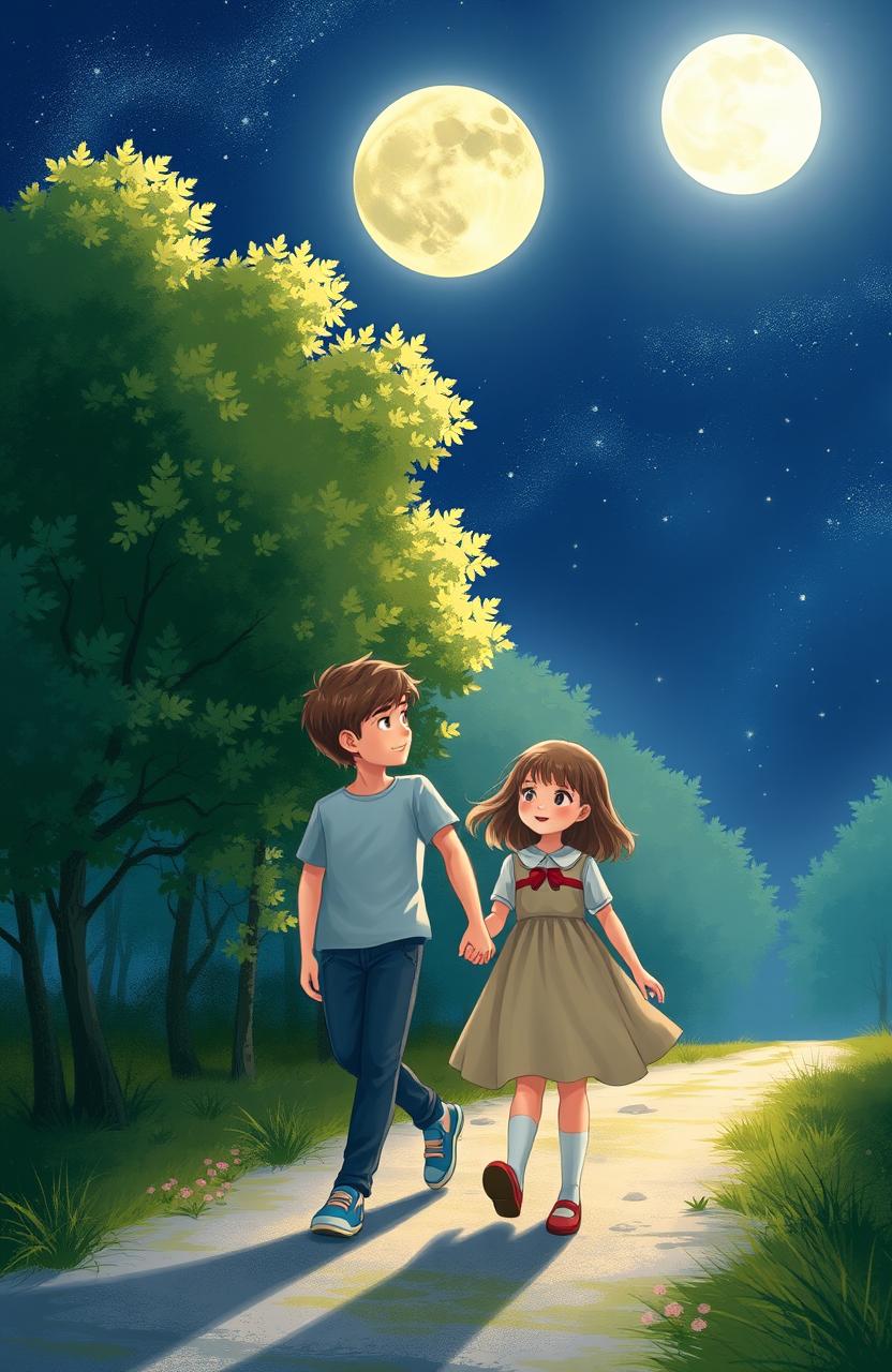 A serene scene featuring a boy and girl walking together under a bright, glowing moonlight in a peaceful night setting