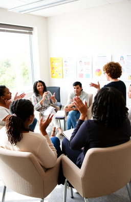 A scene depicting a diverse group of students engaging in a Sign Language Interpreter course