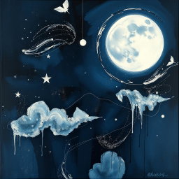 An abstract painting for the book titled 'Dark Night Moon', featuring a deep, dark color palette of midnight blues, blacks, and silvery whites