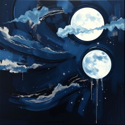 An abstract painting for the book titled 'Dark Night Moon', featuring a deep, dark color palette of midnight blues, blacks, and silvery whites