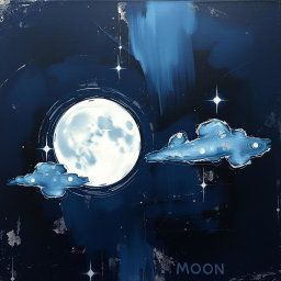 An abstract painting for the book titled 'Dark Night Moon', featuring a deep, dark color palette of midnight blues, blacks, and silvery whites