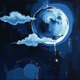 An abstract painting for the book titled 'Dark Night Moon', featuring a deep, dark color palette of midnight blues, blacks, and silvery whites